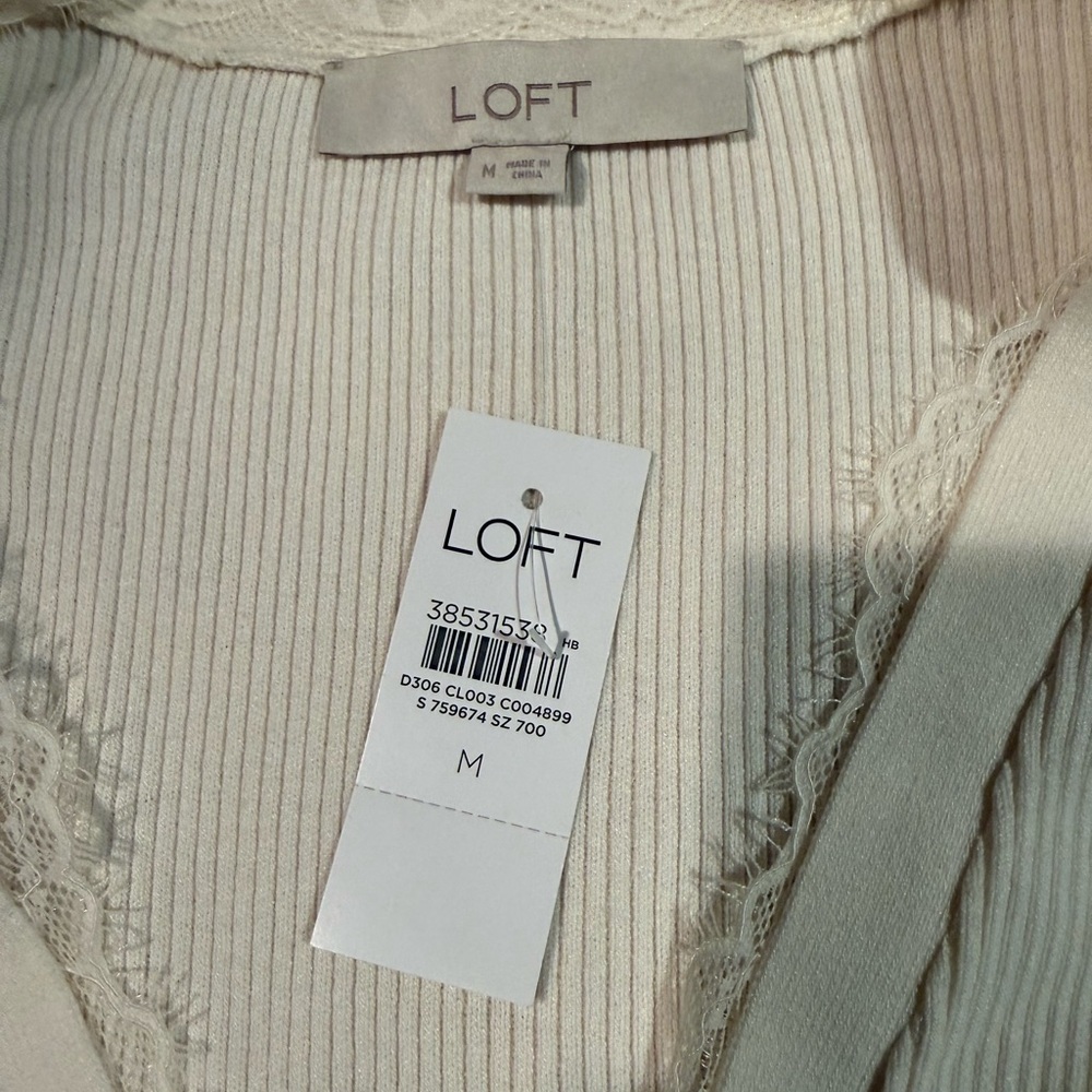 NWT LOFT Cream Ribbed Lace-Trim Button Cardigan - Picture 4 of 5